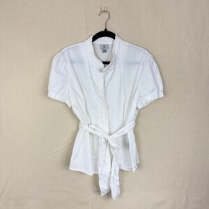 Worthington White Ruffle Collar Short Sleeve Tie Waist Blouse Women's PXL